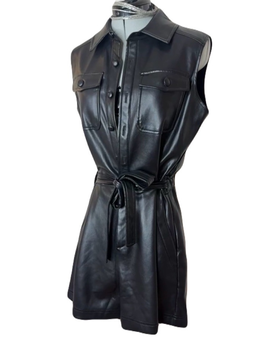 NWT 7 For All Mankind Luxe Faux Leather Moto Romper Jumpsuit M Black